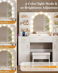 Vanity Desk with Mirror and 11 LED Lights, 43'' Makeup Vanity Table with Power Outlet & Chair, Dressing Table with 3 Drawers, 2 Cabinets and 6 Open Shelfs for Bedroom, White