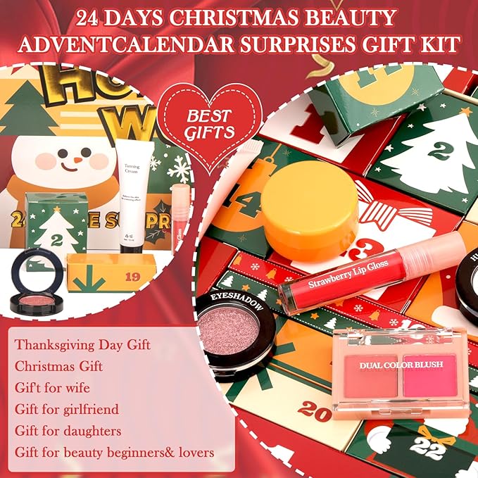 Makeup Advent Calendar 2025, Christmas Countdown Calendar Surprise Beauty Gift Set, 24 Pce Individually Boxed Makeup Gift for Teens,Girls Xmas and Women