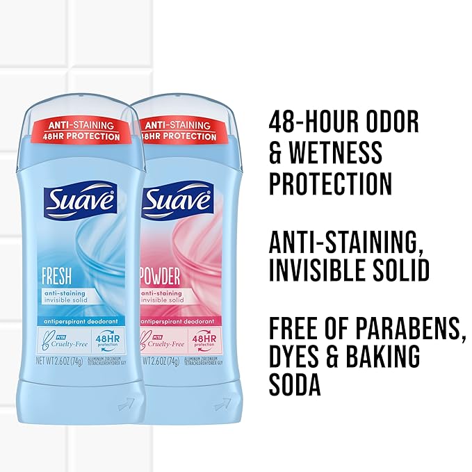 Suave Deodorant Women, Antiperspirant, Powder and Fresh Bundle, 48-Hour Odor & Wetness Protection, with Essential Oils, anti-staining, no baking soda Bundle 4 x 2.6 oz