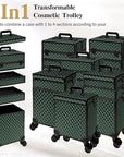 5 in 1 Rolling Makeup Train Case on Wheels Large Cosmetic Organizer Travel Cart for Women Beauty Salon Barber Hairstylist Green