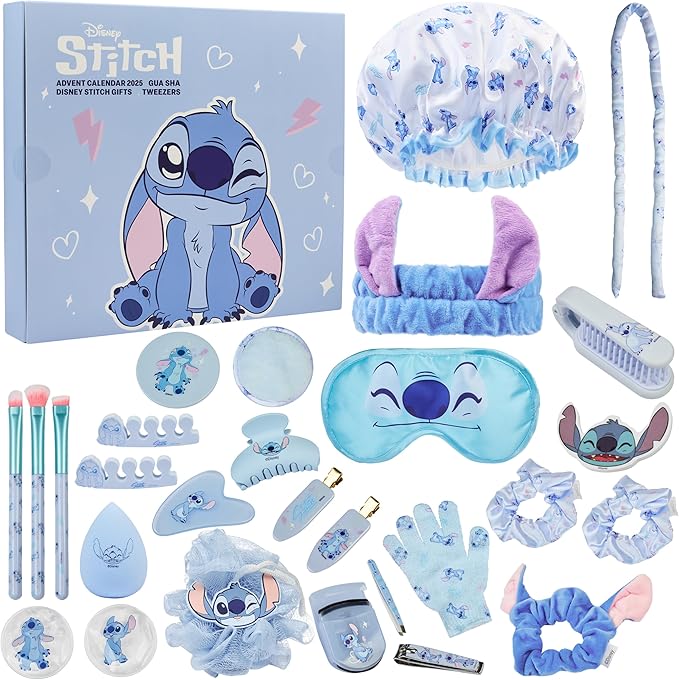 Get Trend Disney Stitch Advent Calendar 2025 Women Teens Makeup Brushes Hair Clips Eye Mask Beauty Pamper Gift Set Christmas Countdown Gifts for Her (Blue Stitch)