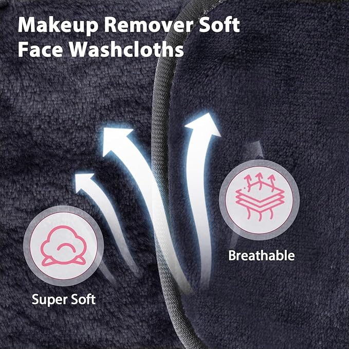 Makeup Remover Cloths for Face, Eye, Lips - Reusable Face Cleansing Cloth Microfiber Makeup Remover Pads 5 x 5 inch 12 Pack (Black)