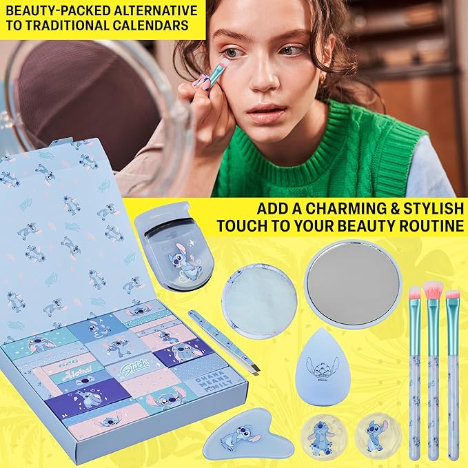Get Trend Disney Stitch Advent Calendar 2025 Women Teens Makeup Brushes Hair Clips Eye Mask Beauty Pamper Gift Set Christmas Countdown Gifts for Her (Blue Stitch)