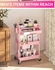 Goovilla 3 Tier Rolling Utility Cart Organizer with Removable Drawer, Stable and Sturdy Pink Rolling Storage Carts with 2 Lockable Wheels for Bathroom, Kitchen, Snack, Craft, Makeup, Baby Essentials
