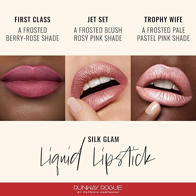 Runway Rogue Silk Glam Liquid Lipstick Lip Trio, Long Wear Frosted Liquid Lipstick Pack, (‘First Class’, ‘Jet Set’, ‘Trophy Wife’)