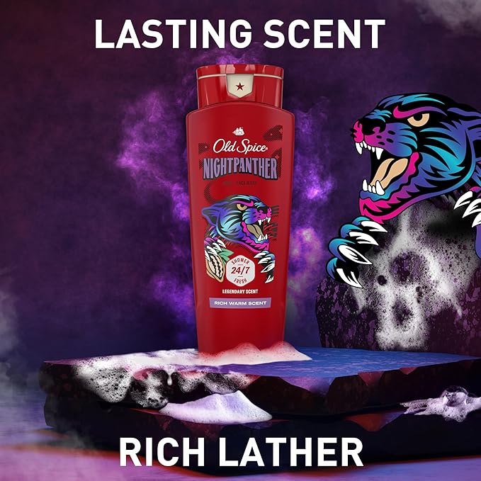 Old Spice Cleansing Body Wash for Men, 3X Defense, 24/7 Shower Fresh with Lasting Scent, 2-in-1 Body & Face Wash, NightPanther with Rich Warm Scent, 24 oz (Pack of 4)