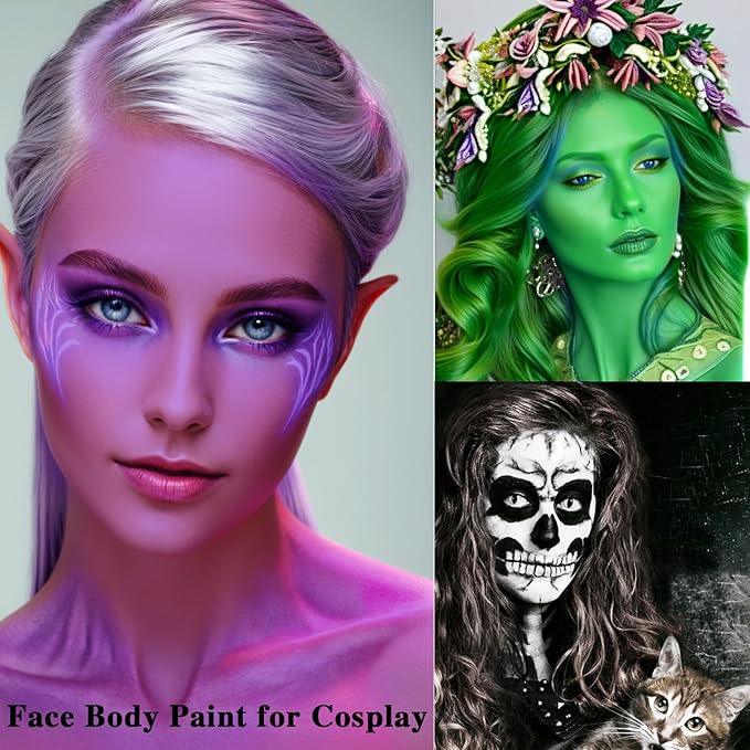 MEICOLY 3PCS Black Purple Lime Green Face Body Paint Stick Set,Face Paint for Halloween Cosplay Frankenstein,Ghost,Zombie SFX Character Makeup,Elphaba Face Paint Makeup,Eye Black Stick Kit