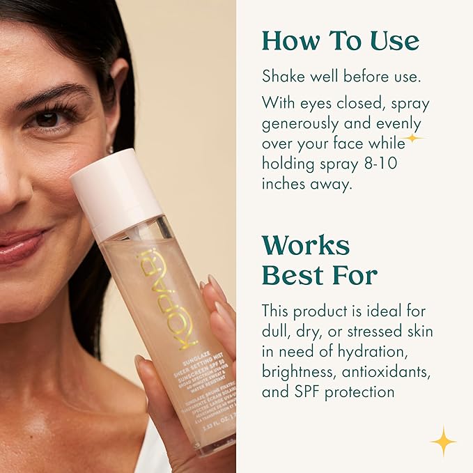 Kopari Sunglaze Sheer Setting Mist Sunscreen SPF 50, Weightless, Fast Drying, Ultra-Fine Setting Spray, Made With Hyaluronic Acid, Sets Makeup For A Hydrated, Dewy Finish, 2.53 fl oz