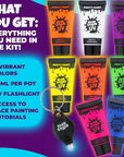 Blue Squid UV Body Paint, Blacklight Glow Makeup Kit, Fluorescent Face Paints, 8 Neon Body Paint Colors, Mini UV light, Neon Body Paints Adults & Kids