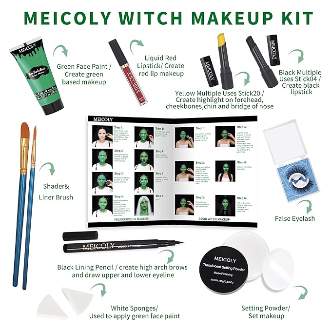 MEICOLY Complete Green Witch Makeup Kit,Wicked Costume Halloween SFX Frankenstein Makeup Set,Elphaba Green Face Paint for Character Cosplay Stage Performance Theater,Setting Powder,Yellow Face Paint