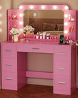 YESHOMY Vanity Desk with Large Lighted Mirror, Power Outlet and 11 Lights, Makeup Table with 7 Drawers and 3 Desktup Storage Units, 3 Color Modes Available for Bedroom, Pink