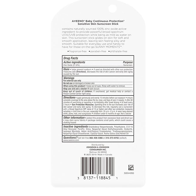 Aveeno Baby Continuous Protection Mineral Sunscreen Stick for Sensitive Skin with Broad Spectrum SPF 50 Protection for Face & Body, Naturally Sourced 100% Zinc Oxide, Travel Size, 0.47 oz