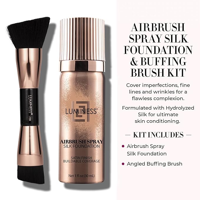LUMINESS Silk Airbrush Spray Foundation 2-PC Kit - Foundation & Dual-Sided Angled Makeup Brush - Buildable Coverage, Anti-Aging Formula, Humidity Resistant, Hydrates & Moisturizes, Light Warm
