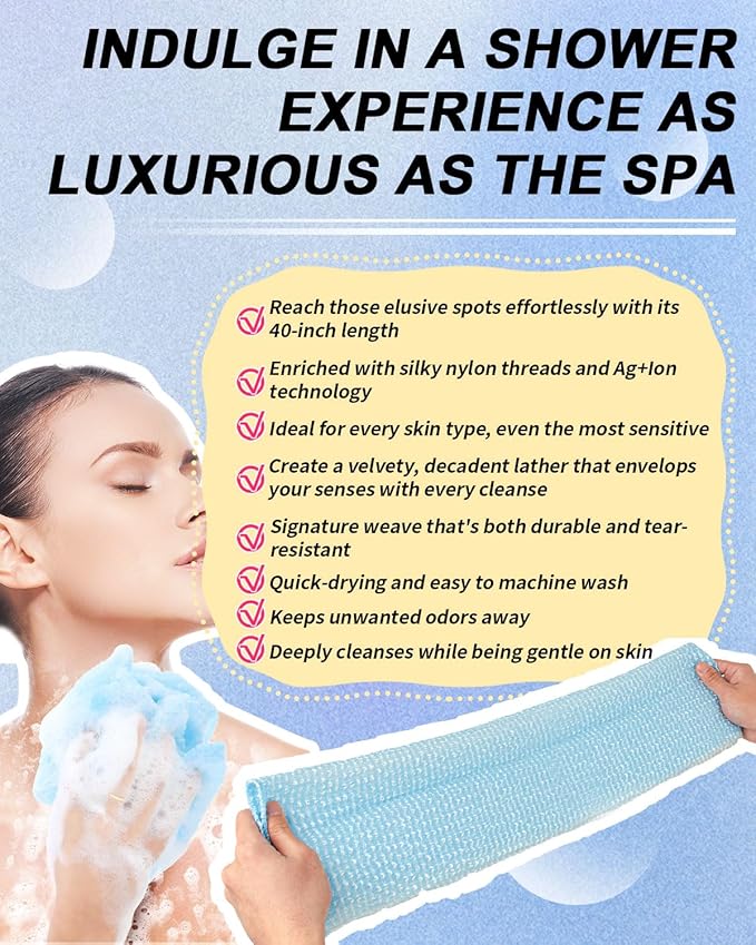 3D Wave Weave Japanese Exfoliating Washcloth, Long Exfoliating Back Scrubber for Shower, Hygienic Body Scrub Towel, Korean Style, Aqua (Normal)