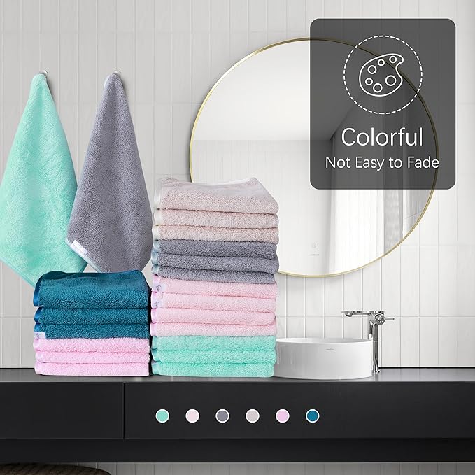 Cosy Family 24 Pack Soft Washcloths Set - 12 x 12 inches, Quick Drying - Highly Absorbent Coral Velvet Fingertip Towel Bathroom Wash Clothes for Bath, Spa, Facial, Kitchen - Light Color