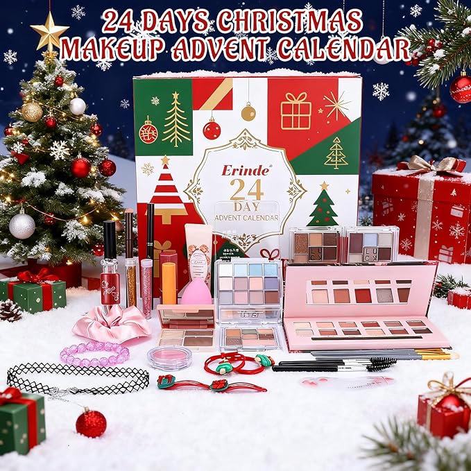 Erinde Makeup Advent Calendar 2025, 24 Days Christmas Gift Makeup Set for Teen Girls & Women, 2025 Xmas Holiday Countdown Calendar Beauty & Cosmetics Holiday Surprise Make Up Gift Kits for Women