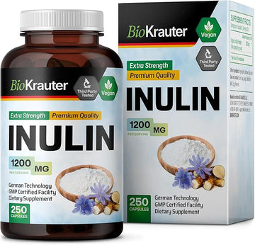 BIO KRAUTER Inulin Powder Capsules - 1200 mg Strength - 250 Count - Fiber Supplement - Chicory Root Fiber Capsules for Digestive Support - Pure Soluble Fiber Supplements - Vegan Inulin Capsules