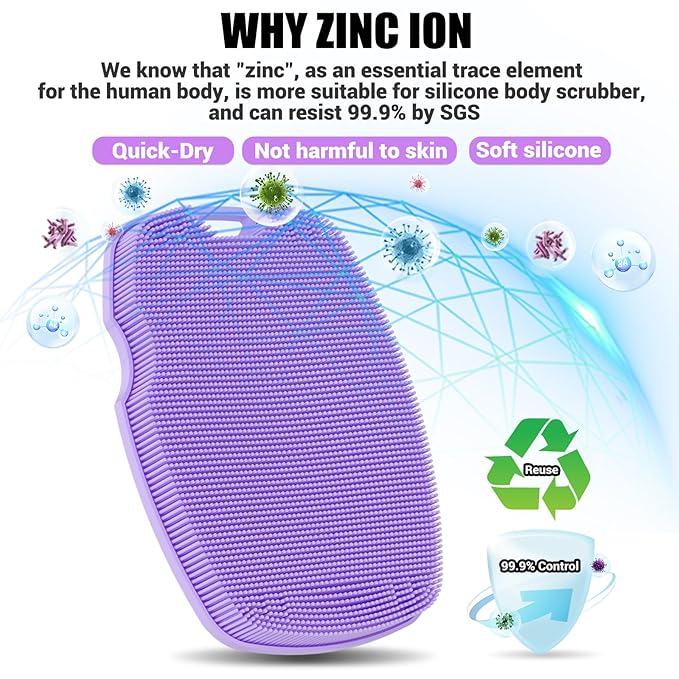 Zinc Infused Silicone Body Scrubber for Shower,Food-Grade Handheld Cleansing Skin Brush, Gentle Exfoliating and Lather Well - Purple