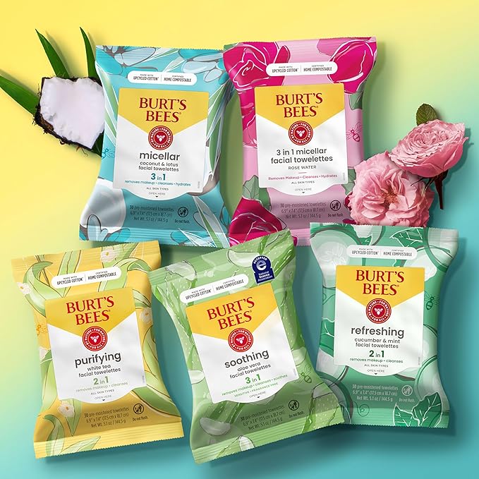 Burt's Bees Stocking Stuffers, Aloe Vera Face Wipes, for Sensitive Skin, Soothing Makeup Remover & Facial Cleansing Towelettes Christmas Gifts, 30 Ct. (3-Pack)