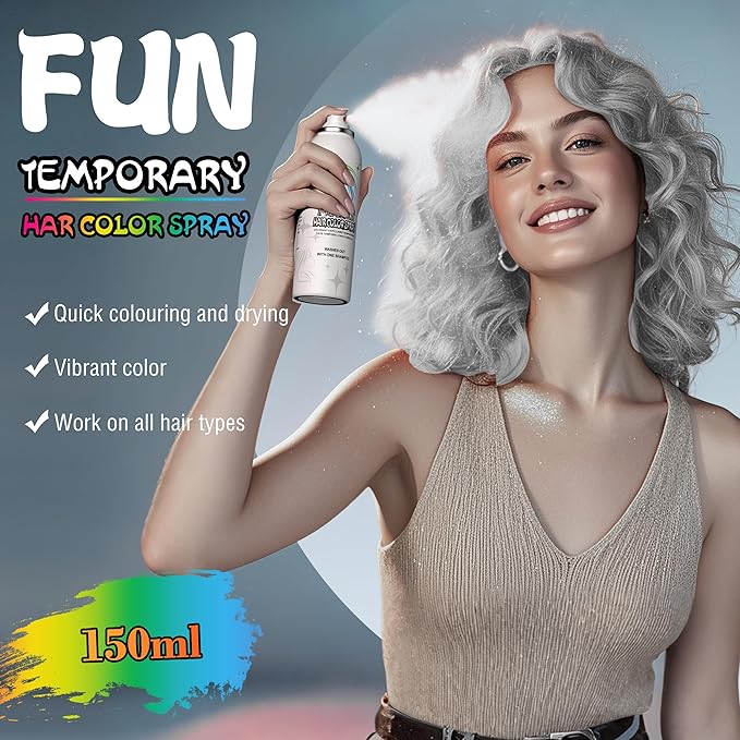 Temporary Hair Color Spray for Adults & Kids - Instant Silver White Dye Alternative | Non-Sticky, Washable & Gentle Formula | Party, Halloween, Costume Makeup (150 ml)