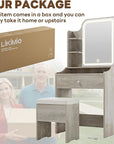 LIKIMIO Small Makeup Vanity Desk with Mirror and Lights, Vanity Table Set with Storage Drawer, Chair and Three Shelves, Bedroom, White Walnuts