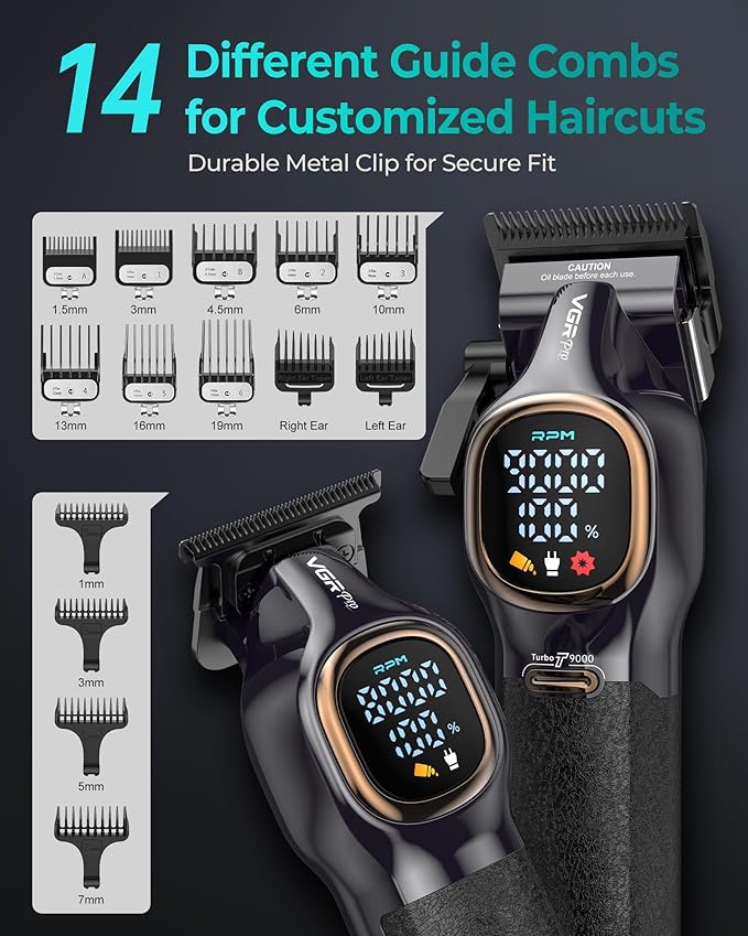 Professional Hair Clippers for Men, Professional Barber Clippers and Trimmer Set, Cordless Hair Clippers for Hair Cutting with Package Case, Powerful 9000 PRM Rechargable Electric Clippers