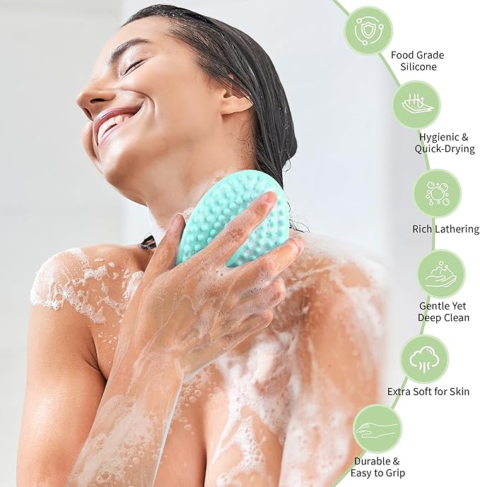 2 Pack Silicone Body Scrubber for Shower, Soft & Gentle Loofah Alternative for Sensitive Skin, Quick-Drying & Hygienic Body Wash Scrubber Brush for Women, Men & Kids (Blue & Green)