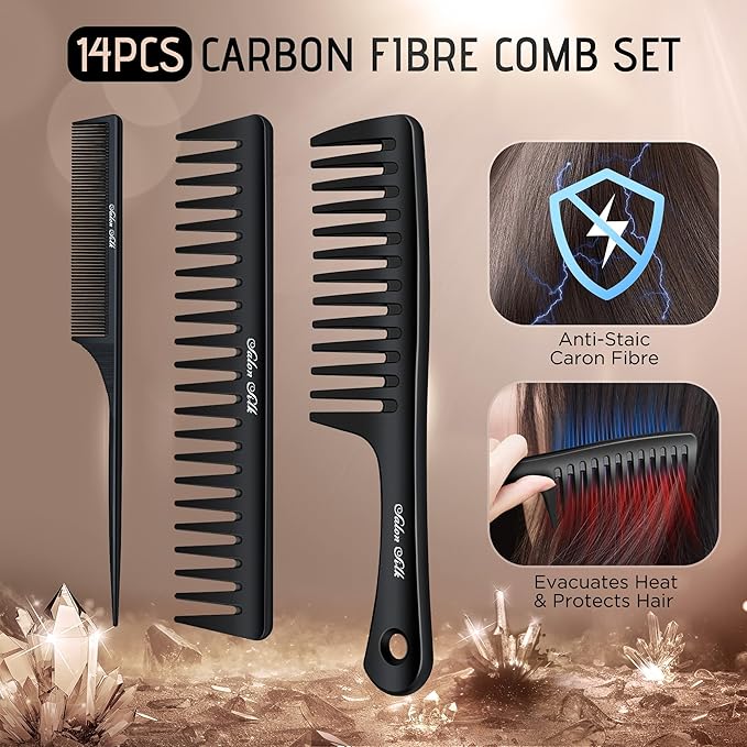 SALONSILK Women Hair Comb Set - 14PCS Wide Tooth Rat Tail Styling Combs Pick for Curly - Teasing Parting Fine Professional Barber Cutting Braiding Set