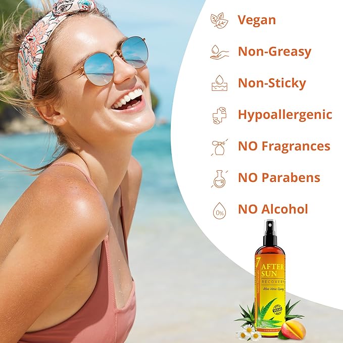 NEW After Sun Solar Recovery Spray with Aloe Vera - For Skin & Face with Instant Sunburn Relief. Unlike Regular Aftersun Spray, Ours Is Made From Freshly Cut Texas Aloe. With Mango & Chamomile (12 Oz)