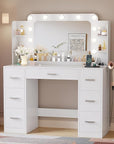 YESHOMY Vanity Desk with Large Lighted Mirror, Power Outlet and 11 Lights, Makeup Table with 7 Drawers and 3 Desktup Storage Units, 3 Color Modes Available for Bedroom, Snow White