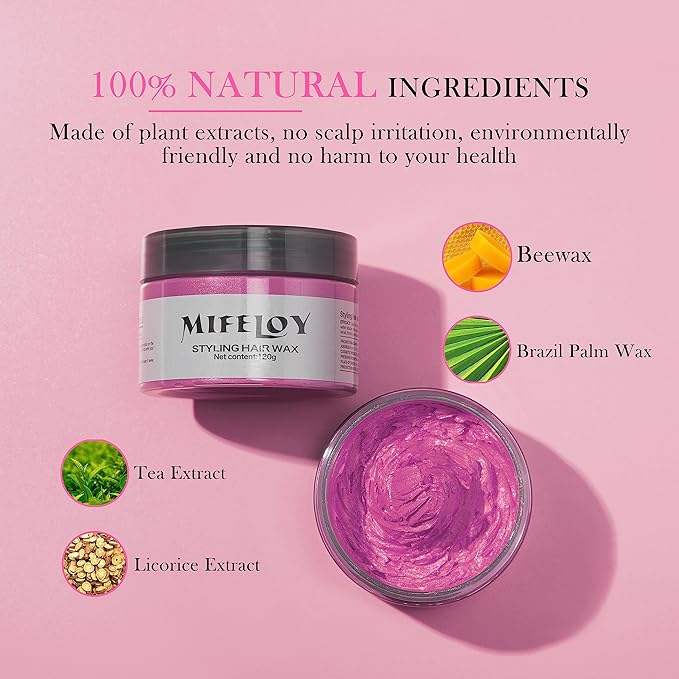 2 Pack Temporary Pink Hair Color Wax with 1 Dye Brush, Instant Natural Hairstyle Cream 4.23 oz, Disposable Coloring Mud for Men Women Youth, Washable Styling Pomades, Party Cosplay Halloween