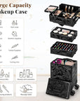 Profesional Rolling Makeup Train Case with Lid, 5 in 1 Cosmetology Case on Wheels, Large Cosmetic Trolley Organizer Travel for Hairstylist Artist Nail Beauty Salon Barber, Black Ink