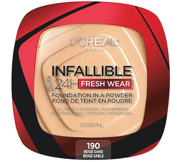 L’Oréal Paris Makeup Infallible Fresh Wear Foundation in a Powder, Up to 24H Wear, Waterproof, Beige Sand, 0.31 oz.