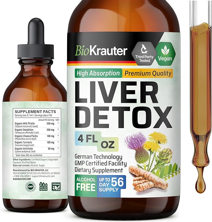 BIO KRAUTER Liver Detox Liquid - Liver Cleanse Detox Liquid Drops - Milk Thistle, Chanca Piedra, Turmeric, Dandelion, Artichoke - Liver Tincture - Vegan Drops 4 Fl. Oz.