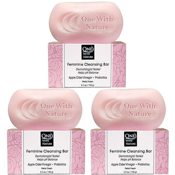 One With Nature Feminine Cleansing Bar, Petal Fresh, Probiotics, Apple Cider Vinegar, Omega Fatty Acids, Oatmeal, Pure, Gentle Cleansing Bar for Sensitive Skin, Face, Body, 3.5 Oz (Pack of 3)