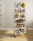 6 Tier Slim Rolling Storage Cart with Wheels, Metal Mobile Shelving Unit Organizer Utility Cart for Office Bathroom Kitchen Laundry Room Narrow Places (White 6 Inches)