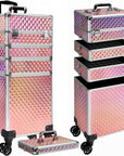 5 in 1 Rolling Makeup Train Case on Wheels Large Cosmetic Organizer Travel Cart for Women Beauty Salon Barber Hairstylist Pink