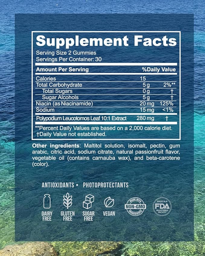 Sol Defense Gummies – Dermatologist & Plastic Surgeon-Formulated Skin Resilience Vitamin Supplement with Polypodium Leucotomos & Niacinamide, Passion Fruit Flavor, 60 Sugar-Free Gummies