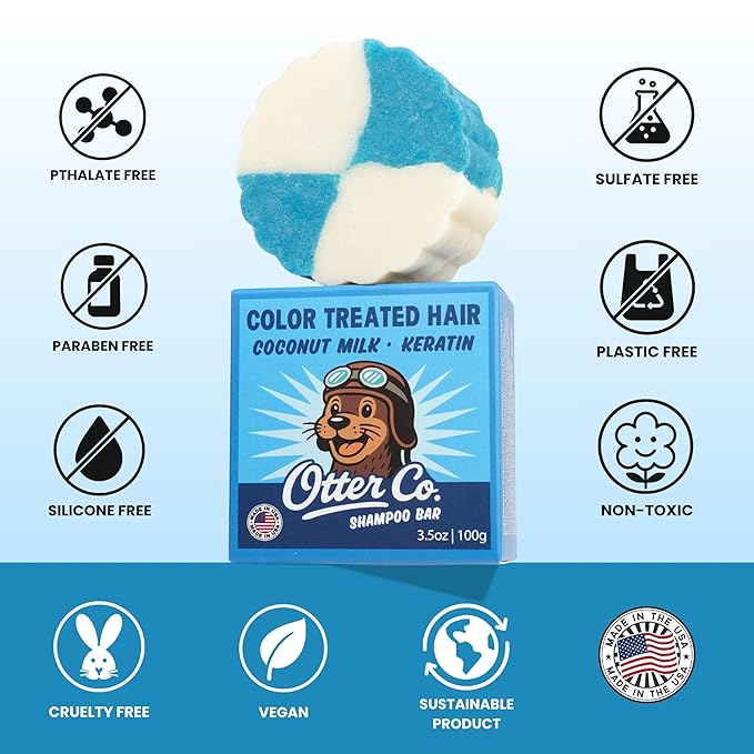 Otter co. Solid Shampoo for Color Treated Hair – Keratin & Argan oil – Swimmers Shampoo Anti Chlorine – Coconut milk, Jojoba oil, Ginger, Green Tea, Rosemary – Vegan, Sulfate Free – USA Made