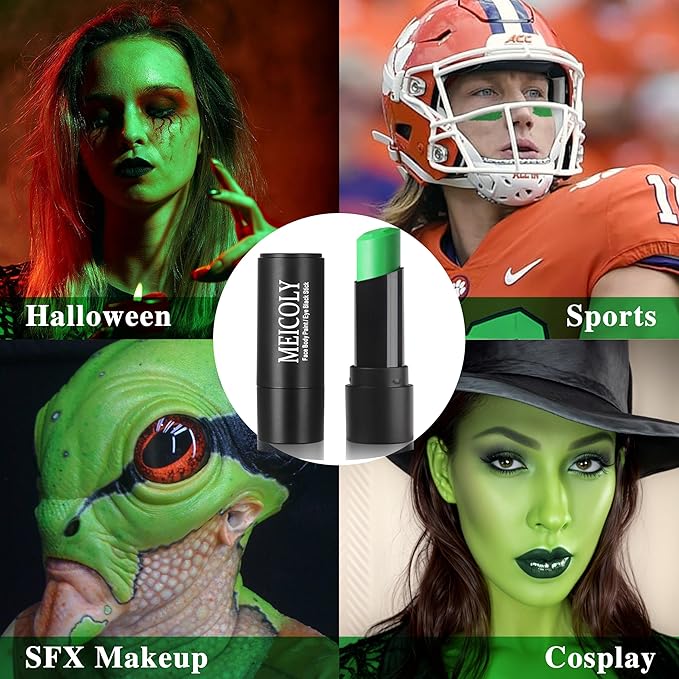MEICOLY Lime Green Face Body Paint Stick for Halloween SFX Witch Hulk Cosplay Makeup,Elphaba Green Face Paint,Hunting Camo Face Paint,Waterproof Eye Black Stick for Baseball Softball Football Lacrosse