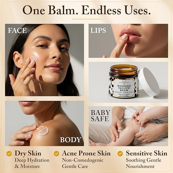 Beef Tallow for Skin & Face – Whipped Tallow & Honey Balm – 100% Grass Fed Tallow Face Moisturizer with Mango Butter, Jojoba Oil, Vitamin E – Organic Beef Tallow Balm for Dry Skin & Wrinkles – 3 oz