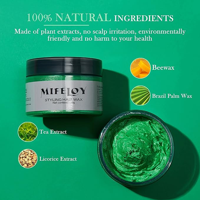 Temporary Green Hair Spray Color Wax 4.23 oz, Instant Natural Hairstyle Cream Dye, Disposable Coloring Mud for Men Women Youth, Washable Styling Pomades, Party Cosplay DIY Halloween