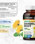 BIO KRAUTER Dandelion Root Capsules - 1800 mg Strength - 100 Count - Dandelion Root Supplement - Vegan Dandelion Powder Capsules for Digestion, Liver Support, Cleansing and Immunity