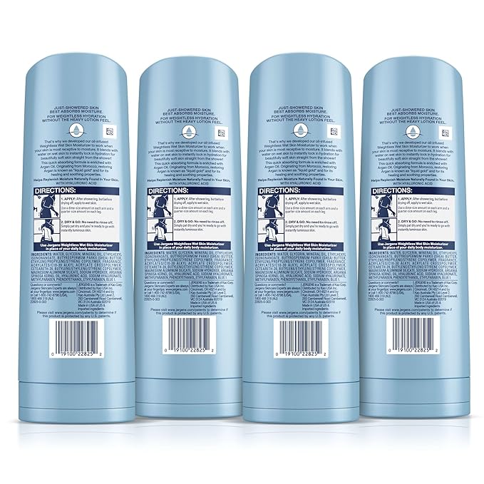 Jergens Wet Skin Body Moisturizer with Restoring Argan Oil, 4X Healthier Looking Skin, Fast-Absorbing, Non-Greasy, Dermatologist Tested, 10 Oz, Pack of 4
