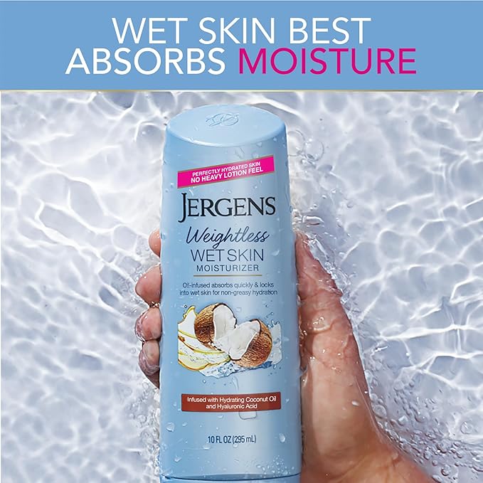 Jergens Wet Skin Body Lotion with Coconut Oil, In Shower Lotion for Dry Skin, Fast-Absorbing, Non-Sticky, Dermatologist Tested, 10 Ounce
