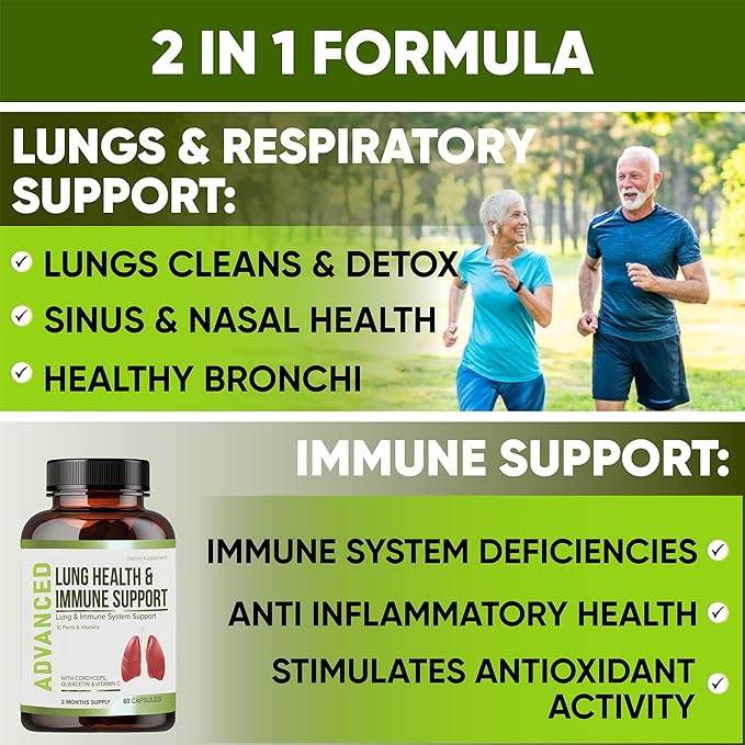 Lung Health & Immune Support Supplement - Lung Cleanse and Detox With Immunity Vitamins For Better Lungs, Immune Defense, Clear Lungs & Deep Breathing Including Quercetin & Cordyceps.Two Months Supply