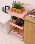 3-Tier Multifunction Rolling Cart Utility Storage Shelves Cart with Hanging Cup Lockable Wheels and Handle for Office Living Room Kitchen Bathroom (Pink)