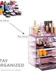Sorbus Acrylic Makeup Organizer Set, 6-Drawer Vanity & Countertop Cosmetic Storage with Small & Wide Compartments, Purple Makeup Storage for Brushes, Jewelry – Holiday Gift for Women & Teens