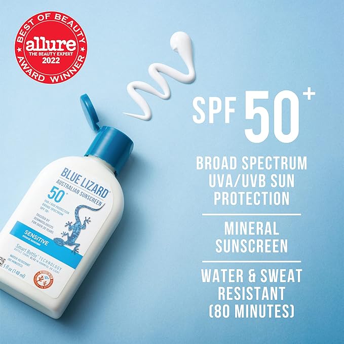 BLUE LIZARD Sensitive Mineral Sunscreen with Zinc Oxide, SPF 50+, Water Resistant, UVA/UVB Protection with Smart Bottle Technology - Fragrance Free, 5 oz