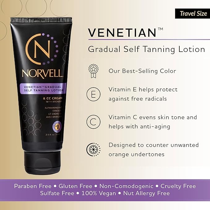 Norvell Venetian Sunless Self Tanner Gradual Color Extender Moisturizing Lotion, Travel Size 2.5 fl.oz - Self Tanning Cream with Violet and Brown Tone